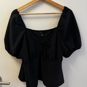 Black Puff Sleeve Peplum Top With Bow Detail - Size 12